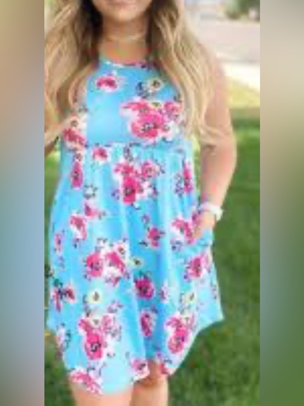 Shirley brand boutique Bright Blue & Pink Floral Tank Dress with pockets